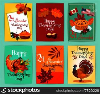 Thanksgiving Day greeting cards set. Design of thanksgiving emblems, flyers, stickers with elements of traditional turkey, pie with canada and america flags, autumn harvest cornucopia plenty horn, autumn maple and oak leaves. Thanksgiving Day greeting cards set