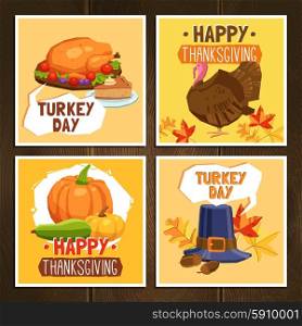 Thanksgiving day greeting cards set with traditional symbols and turkey isolated vector illustration. Thanksgiving Day Cards