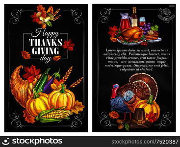 Thanksgiving Day greeting holiday banners and posters with copyspace. Traditional design of food abundance. Thanksgiving color sketch turkey symbol, cornucopia with plenty of food. Family celebration dinner meal with autumn harvest, vine. Thanksgiving Day greeting holiday banners