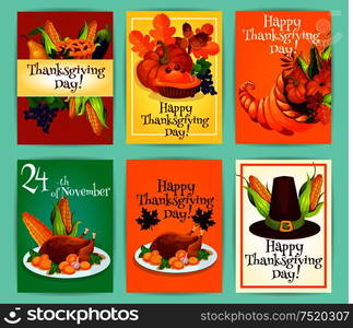 Thanksgiving Day greetings with traditional symbols of autumn celebration holiday. Vector cards set with vegetables harvest, pumpkin with sweet pie, cornucopia horn of plenty food, roasted turkey, pilgrim har with corn decoration tags. Thanksgiving Day greeting cards, posters, placards