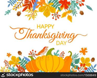 Thanksgiving Day. Hand drawn Happy Thanksgiving cover with lettering and holiday elements fall yellow leaves and berries vector background. Illustration thanksgiving traditional poster. Thanksgiving Day. Hand drawn Happy Thanksgiving cover with lettering and holiday elements fall yellow leaves and berries vector background