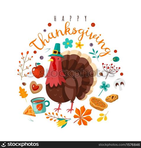 Thanksgiving day. Happy holidays poster with festive character. Holiday turkey in hat, yellow leaves and fruits, berries and pumpkin pie with text vector flat cartoon postcard poster or banner. Thanksgiving day. Happy holidays poster with festive character. Holiday turkey, yellow leaves and fruits, berries and pumpkin with text vector flat cartoon postcard poster or banner