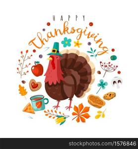 Thanksgiving day. Happy holidays poster with festive character. Holiday turkey in hat, yellow leaves and fruits, berries and pumpkin pie with text vector flat cartoon postcard poster or banner. Thanksgiving day. Happy holidays poster with festive character. Holiday turkey, yellow leaves and fruits, berries and pumpkin with text vector flat cartoon postcard poster or banner