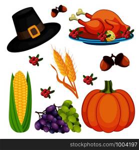 Thanksgiving day icons set. Piligrim hat, acorns, turkey, grapes, pumpkin, wheat, corn, cranberries. Vector illustration.