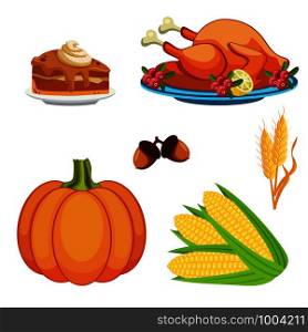 Thanksgiving day icons set. Pumpkin pie, pumpkin, acorns, wheat, corn cobs, fried turkey. Vector illustration.