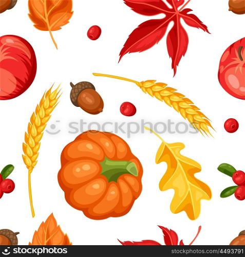 Thanksgiving Day or autumn seamless pattern. Ornament with vegetables and leaves. Thanksgiving Day or autumn seamless pattern. Ornament with vegetables and leaves.
