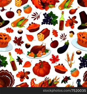 Thanksgiving day pattern of pumpkin, roasted turkey, autumn harvest, cornucopia food abundance, sweet traditional thanksgiving pie, autumn foliage of oak and maple leaves. Vector seamless pattern for thanksgiving celebration background design. Thanksgiving day traditional celebration pattern