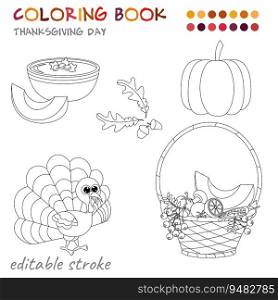 Thanksgiving Day. Pumpkin, basket, pumpkin soup and turkey. Coloring template for children and adults. For relaxation and rest.