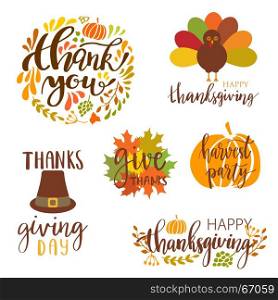 Thanksgiving day set. Vector collection of autumn elements and typography lattering phrases. Thanksgiving day set elements: turkey, pumpkin, pilgrim hat, autumn leaves