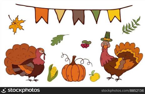 Thanksgiving day. Turkeys, pumpkin, holiday flags, leaves, apple, corn. Isolated Vector Illustratio. Elements for cards, printing, cover, sticker, design illustrations in the style of outline. Thanksgiving day. Turkeys, pumpkin, holiday flags, leaves, apple, corn. Isolated Vector Illustration