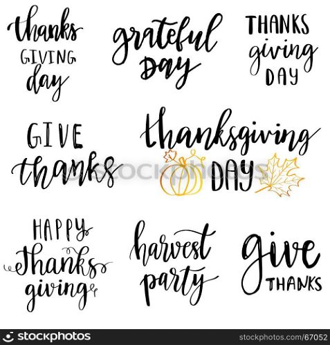 Thanksgiving day typography set.. Thanksgiving day typography lettering phrases set. Labels, logo, text design. Usable for banners, greeting cards, posters etc