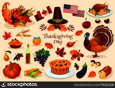 Thanksgiving day. Vector elements of thanksgiving celebration harvest and icons. Traditional turkey, cornucopia horn, pilgrim hat, pumpkin, fruit pie, vegetables harvest, plenty of food products. Thanksgiving day. Vector isolated icons