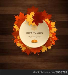 Thanksgiving Day Wooden Background With Maple Leafs, Plate And Title Inscription