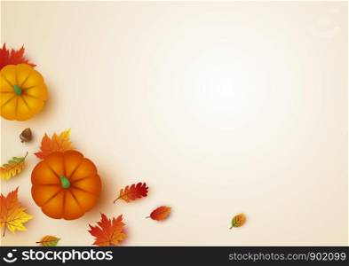 Thanksgiving design of pumpkin and maple leaves with copy space vector illustration