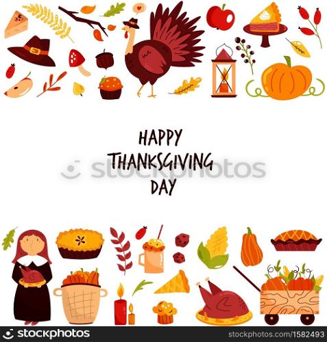 Thanksgiving design with holiday symbols turkey, pumpkin, pie. Vector illustration. Thanksgiving design with holiday symbols turkey, pumpkin, pie.