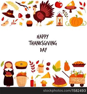 Thanksgiving design with holiday symbols turkey, pumpkin, pie. Vector illustration. Thanksgiving design with holiday symbols turkey, pumpkin, pie.