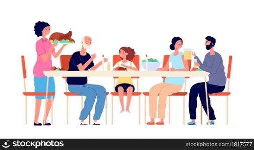 Thanksgiving dinner. Cartoon family eating, holiday table meals. Cute adults kids together, traditional christmas lunch vector illustration. Thanksgiving dinner, together celebration. Thanksgiving dinner. Cartoon family eating, holiday table meals. Cute adults kids together, traditional christmas lunch vector illustration