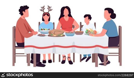 Thanksgiving dinner table semi flat color vector characters. Sitting figures. Full body person on white. Eating and drinking simple cartoon style illustration for web graphic design and animation. Thanksgiving dinner table semi flat color vector characters