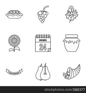 Thanksgiving feast icons set. Outline illustration of 9 thanksgiving feast vector icons for web. Thanksgiving feast icons set, outline style