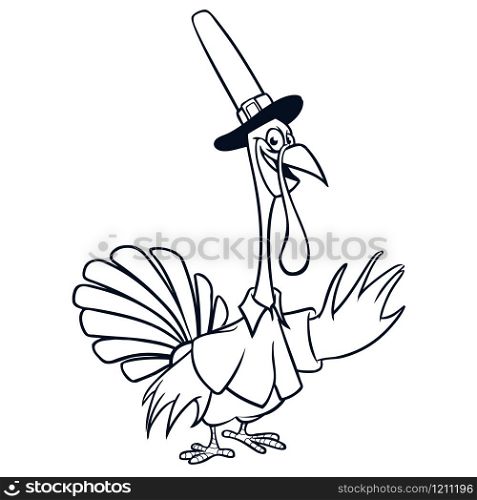 Thanksgiving funny cartoon outline. Vector cartoon turkey for coloring book. Black and white contour