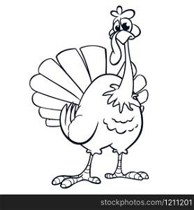 Thanksgiving funny cartoon outline. Vector cartoon turkey for coloring book. Black and white contour