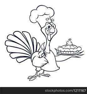 Thanksgiving funny cartoon turkey chief cook serving pumpkin pie outline strokes. Vector cartoon turkey for coloring book. Black and white contour