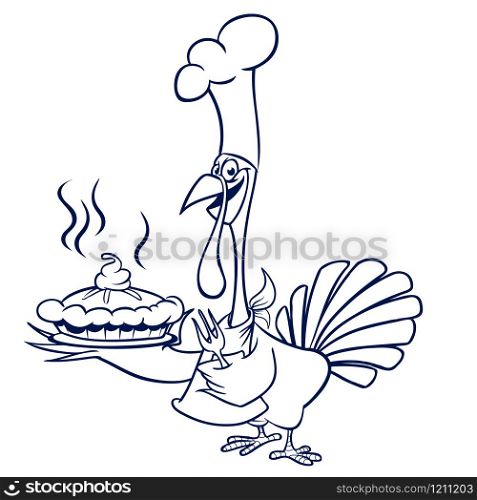 Thanksgiving funny cartoon turkey chief cook serving pumpkin pie outlined. Vector cartoon turkey for coloring book. Black and white contour