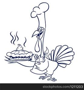 Thanksgiving funny cartoon turkey chief cook serving pumpkin pie outlined. Vector cartoon turkey for coloring book. Black and white contour