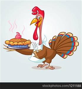 Thanksgiving funny cartoon turkey cook serving pumpkin pie and holding a fork. Vector cartoon isolated with contour