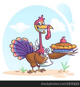 Thanksgiving funny cartoon turkey cook serving pumpkin pie and holding a fork. Vector cartoon isolated with outline strokes