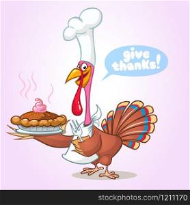 Thanksgiving funny cartoon turkey cook serving pumpkin pie and holding a fork. Vector cartoon isolated