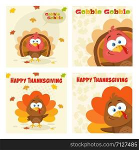 Thanksgiving Greeting Card With Little Turkey. Flat Vector Collection Isolated On White Background