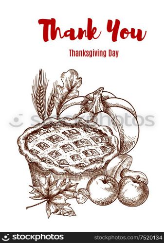 Thanksgiving greeting card with text Thank You. Vector banner with thanksgiving sweet pie, pumpkin, apples, wheatear, oak leaf. Thanksgiving greeting card. Thank You