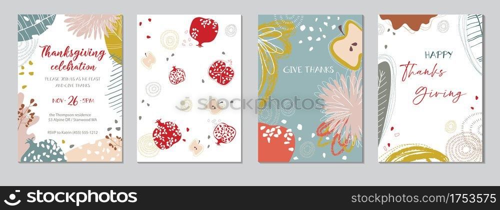 Thanksgiving greeting cards and invitations. Trendy abstract patterns with leaf elements, flowers and fruits. Pomegranate and Apples. Vector illustration.Seamless pattern.Template set. Thanksgiving greeting cards and invitations. Vector illustration.