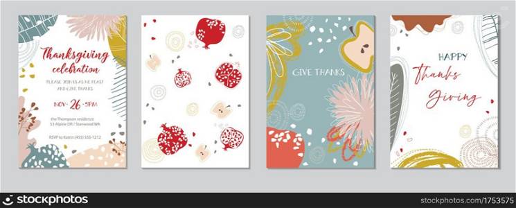 Thanksgiving greeting cards and invitations. Trendy abstract patterns with leaf elements, flowers and fruits. Pomegranate and Apples. Vector illustration.Seamless pattern.Template set. Thanksgiving greeting cards and invitations. Vector illustration.