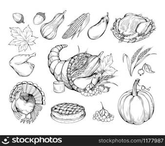 Thanksgiving hand drawn vector symbols set. Natural food, vegetables and traditional dishes sketch illustrations. Farmers market. Pumpkin, turkey cooked chicken and pie monochrome drawings pack. Autumn holiday hand drawn vector symbols set