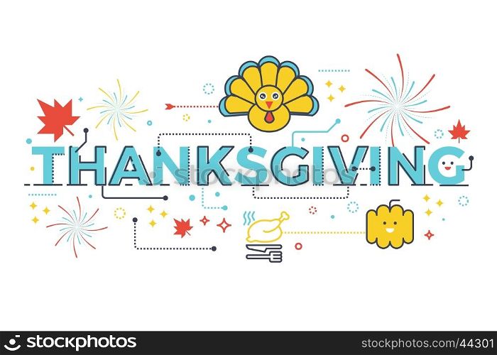 Thanksgiving holiday concept word lettering design illustration with line icons and ornaments in blue theme
