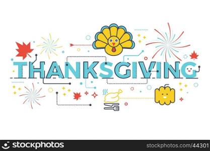 Thanksgiving holiday concept word lettering design illustration with line icons and ornaments in blue theme