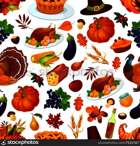 Thanksgiving holiday seamless pattern with turkey, autumnal harvest, hat and leaves. Thanksgiving holiday colorful seamless pattern