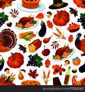 Thanksgiving holiday seamless pattern with turkey, autumnal harvest, hat and leaves. Thanksgiving holiday colorful seamless pattern