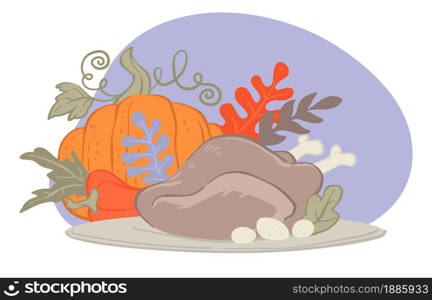 Thanksgiving holiday traditional food for celebration. Prepared turkey with harvested pumpkin and carrot, cooked dishes for celebration of autumn season event. Thankfulness vector in flat style. Ripe harvested pumpkin and prepared turkey for thanksgiving