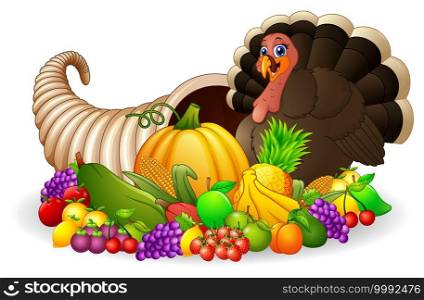 Thanksgiving horn of plenty cornucopia full of vegetables and fruit with cartoon turkey bird