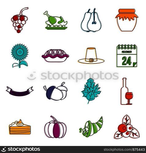 Thanksgiving icons set. Doodle illustration of vector icons isolated on white background for any web design. Thanksgiving icons doodle set