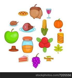 Thanksgiving icons set in cartoon style. Autumn elements set collection vector illustration. Thanksgiving icons set, cartoon style