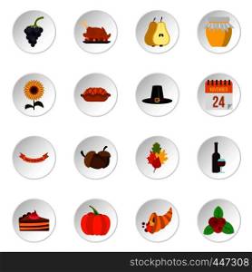 Thanksgiving icons set in flat style. Happy thanksgiving day set collection vector icons set illustration. Thanksgiving icons set, flat style