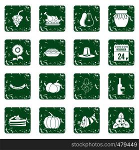 Thanksgiving icons set in grunge style green isolated vector illustration. Thanksgiving icons set grunge