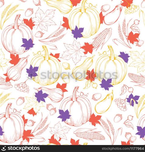 Thanksgiving pattern in sketch style with pumpkins, autumn maple leaves and apples. Seamless vintage background texture. Vector harvest backdrop for fall season design.. Thanksgiving pattern in sketch style with pumpkins, autumn maple leaves and apples.