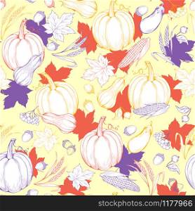 Thanksgiving pattern in sketch style with pumpkins, autumn maple leaves and apples. Seamless vintage background texture. Vector harvest backdrop for fall season design.. Thanksgiving pattern in sketch style with pumpkins, autumn maple leaves and apples.