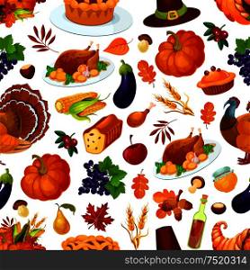 Thanksgiving pattern. Vector decoration of thanksgiving seamless pattern. Background with traditional cornucopia, horn of plenty, vegetables, pumpkin, turkey bird, berries, pilgrim hat, corn, apple. Thanksgiving seamless pattern decoration