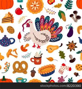 Thanksgiving pattern with Turkey and autumn food. Vector illustration. Thanksgiving pattern with Turkey and autumn food